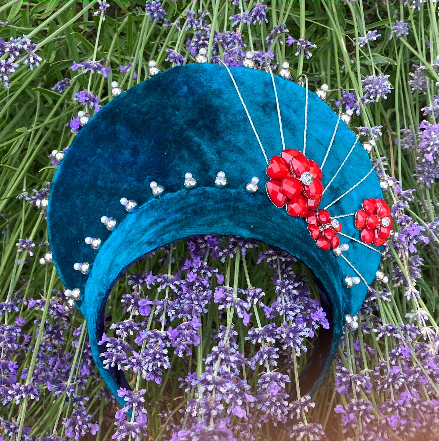 Teal & Red Headpiece with Matching Earrings