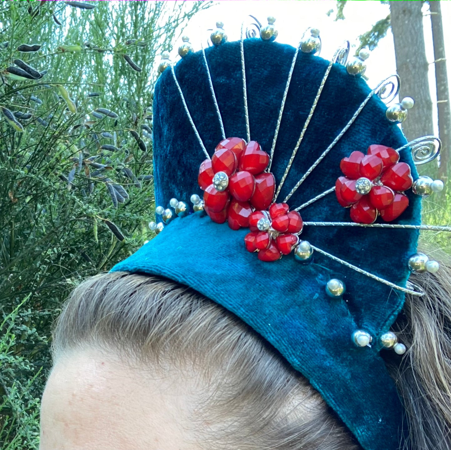 Teal & Red Headpiece with Matching Earrings