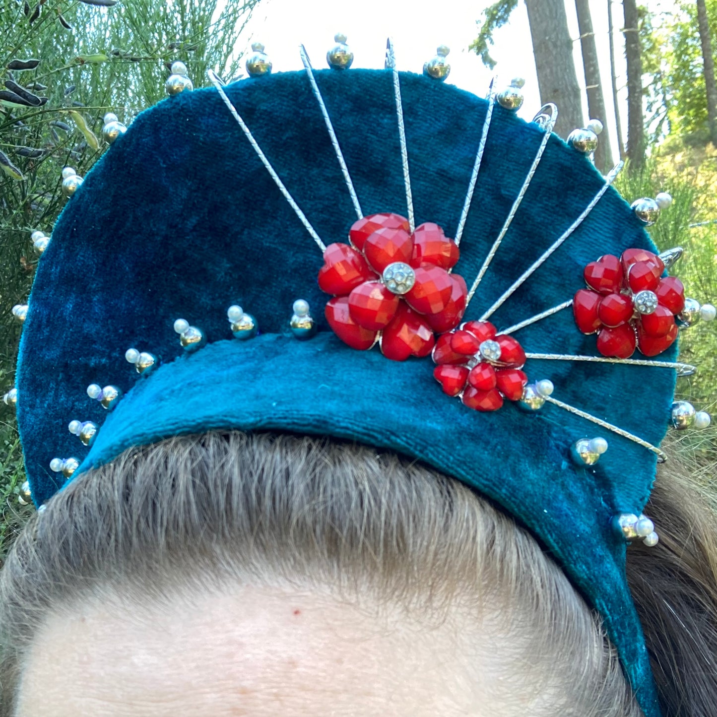 Teal & Red Headpiece with Matching Earrings