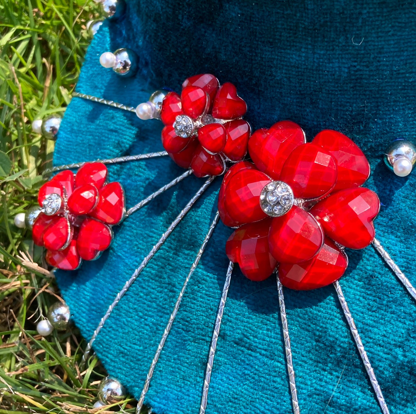 Teal & Red Headpiece with Matching Earrings