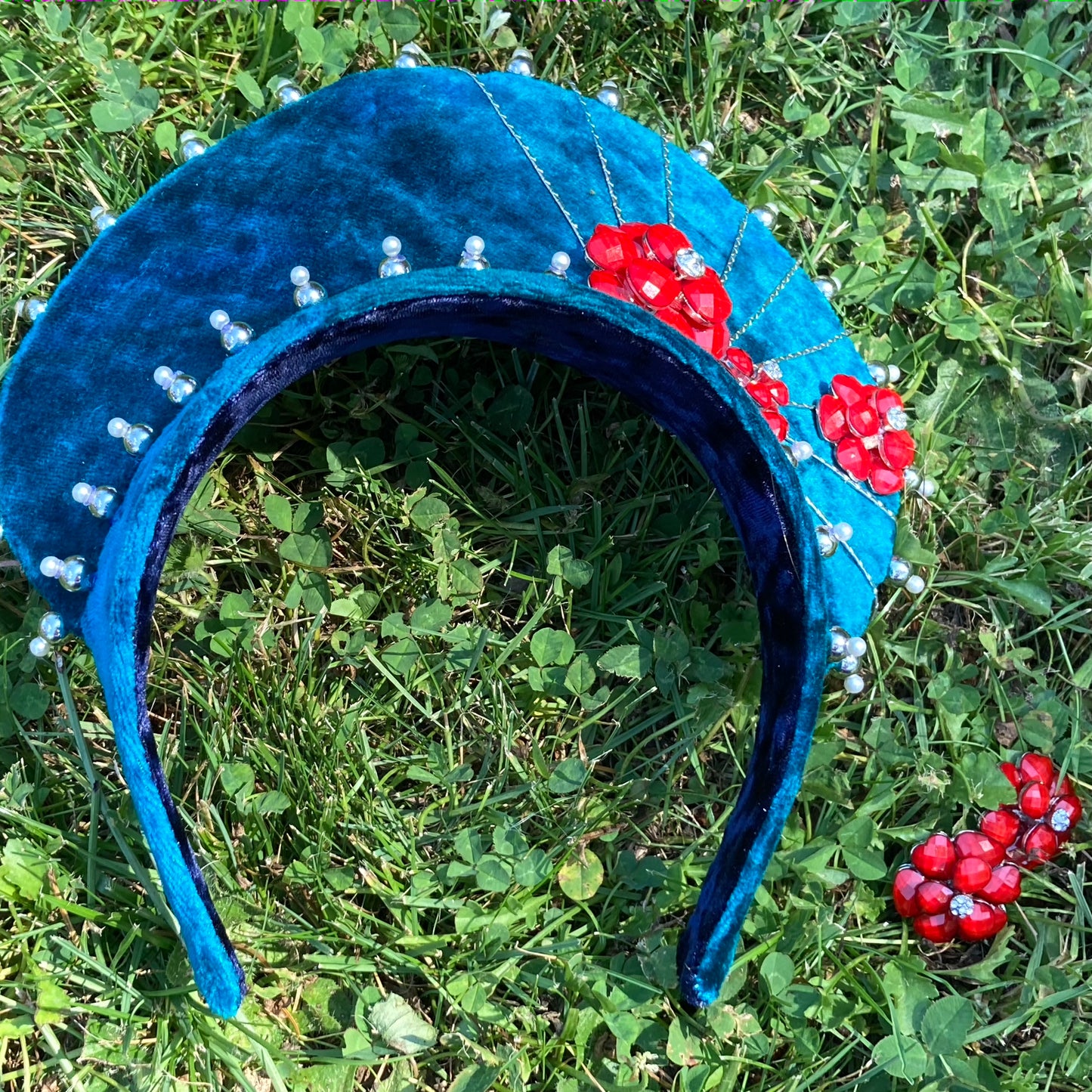 Teal & Red Headpiece with Matching Earrings