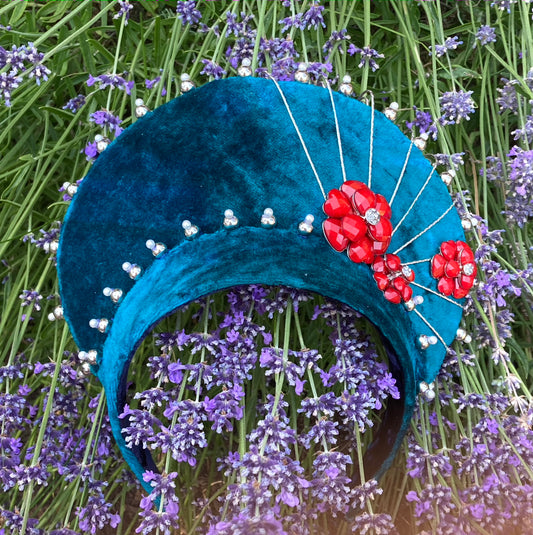 Teal & Red Headpiece with Matching Earrings