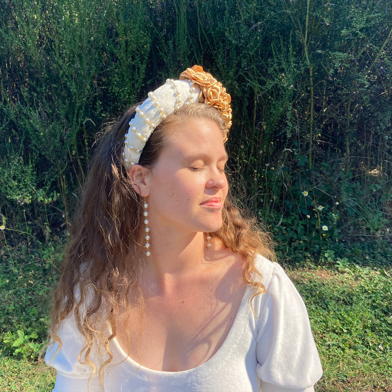 White & Gold Headband with Matching Earrings