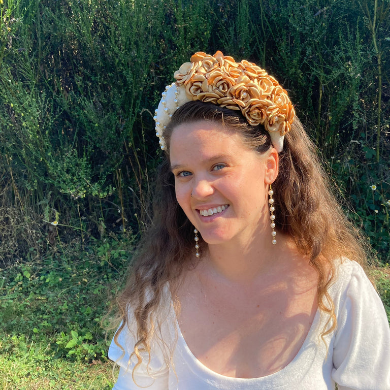 White & Gold Headband with Matching Earrings