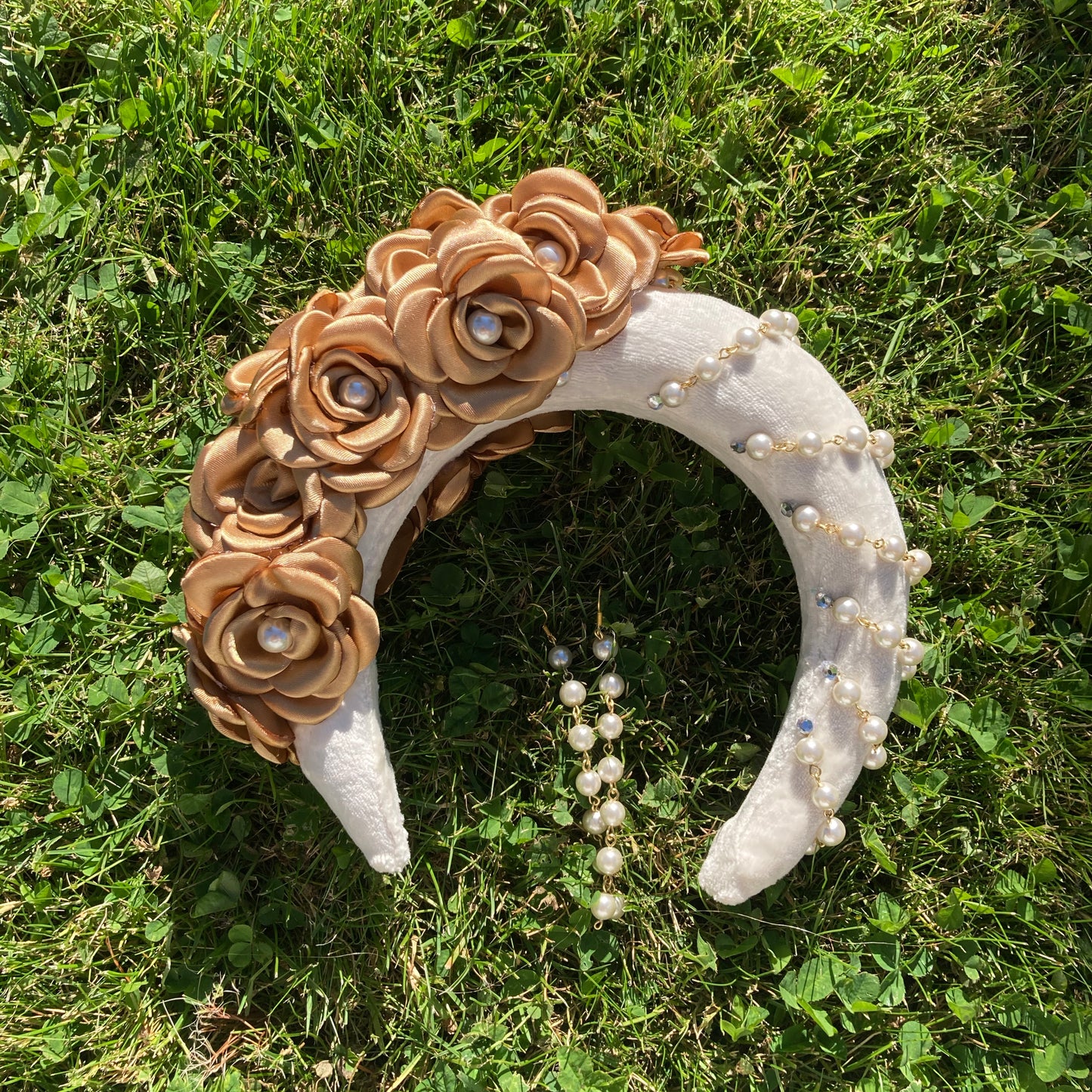 White & Gold Headband with Matching Earrings