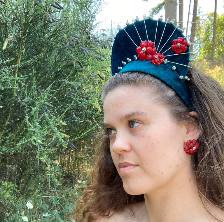 Teal & Red Headpiece with Matching Earrings