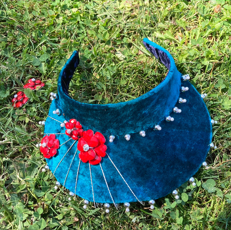 Teal & Red Headpiece with Matching Earrings